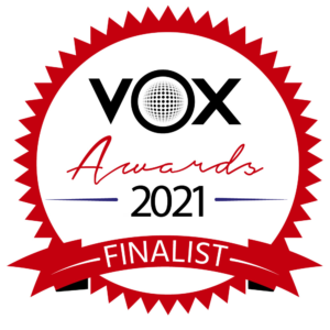 Image of VOX voiceover performance awards badge awarded to finalists in the 2021 voiceover awards