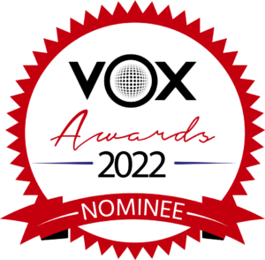 Official VOX voiceover awards finalist badge - nominated for Best Male Voice Performance by a UK voice actor