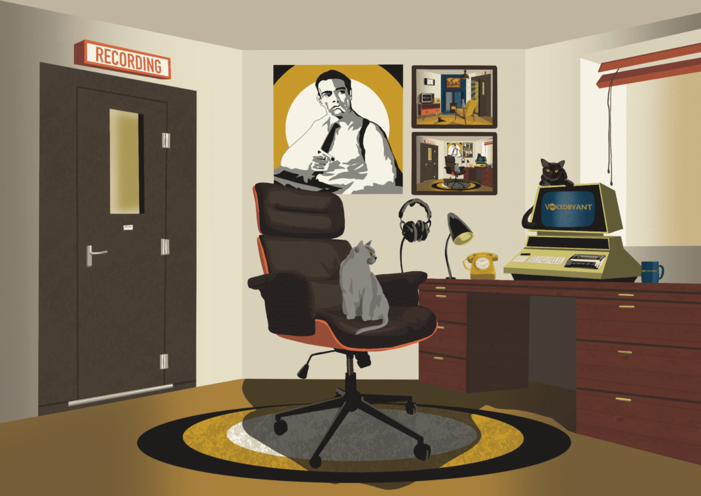 Midcentury-style illustration of the workspace and recording booth of British voice actor Anthony Hewson, AKA Voiced by Ant. Midcentury-style illustration of one part of UK voiceover artist Anthony Hewson's home studio. To the left is the black recording booth door, in the centre a Charles Eames desk chair, sat upon by Tom the blue Burmese cat, and to the right a midcentury desk, with brown Burmese cat Luna peering over a 1970s computer displaying the Voiced By Ant logo.