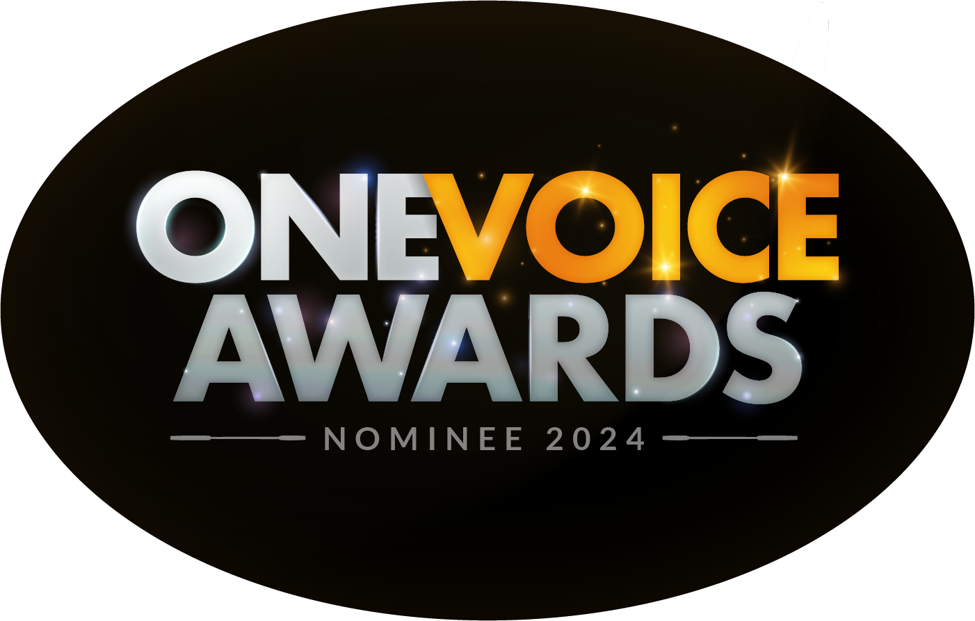 UK voiceover awards finalist badge for One Voice Awards 2024 - awarded for shortlisting for Best Overall Voiceover in a Corporate Video, and Best Male Voiceover Demo Reel