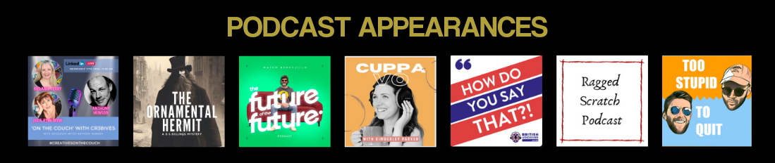 A banner featuring the title 'Podcast Appearances' and images of each of the podcasts on which British voiceover artist Anthony Hewson has appeared.